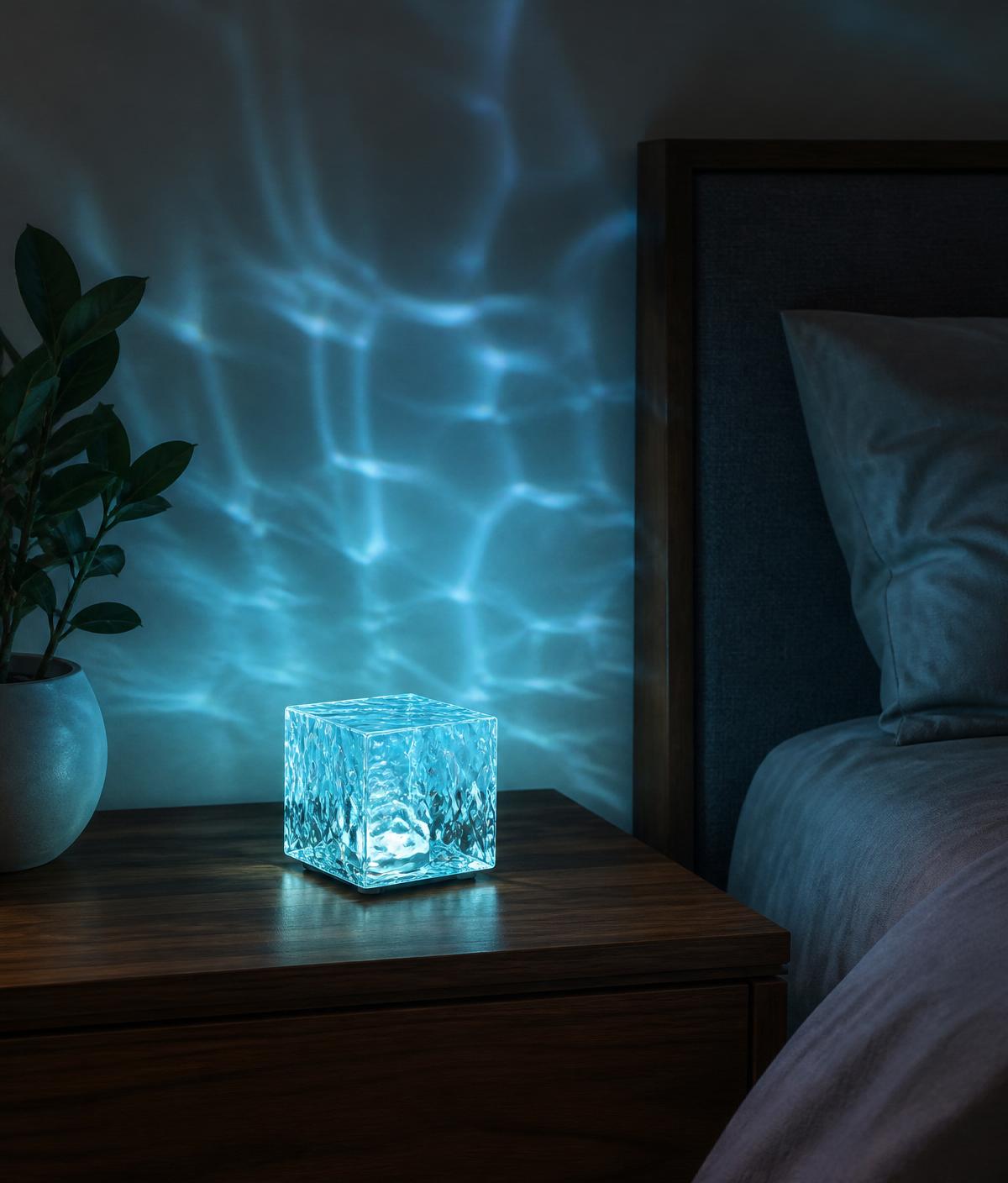 Pokój z włączonym Lumiwave Cube — oceaniczna poświata