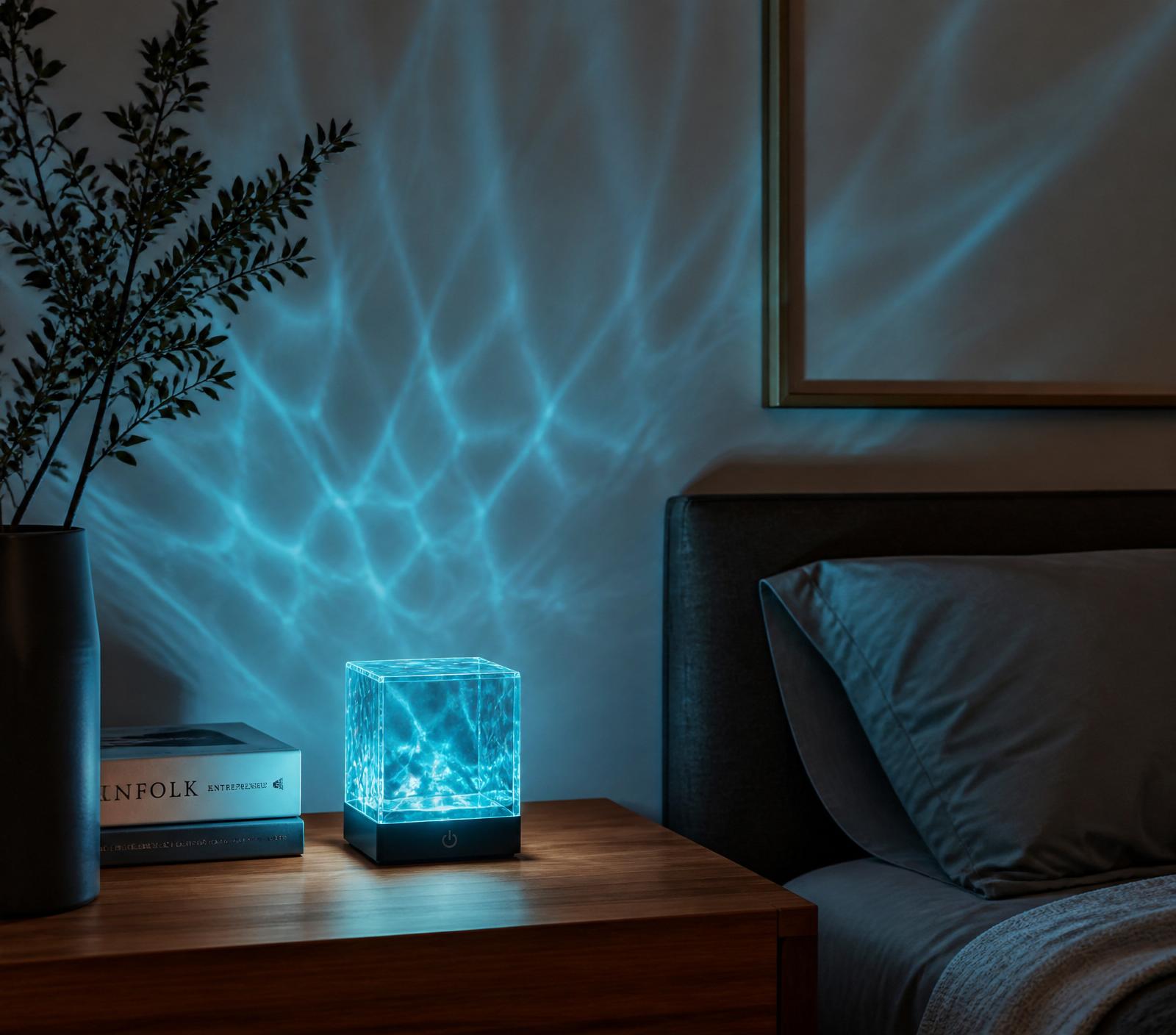 Lumiwave Cube — designerska lampa ambient na drewnianej szafce nocnej